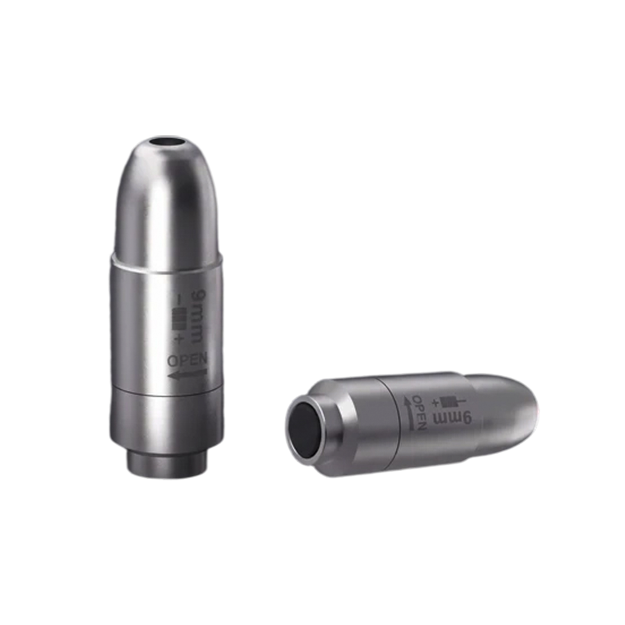 Two AEROSHOT 9mm 2-in-1 cartridge units in brushed metal, one upright and one lying down