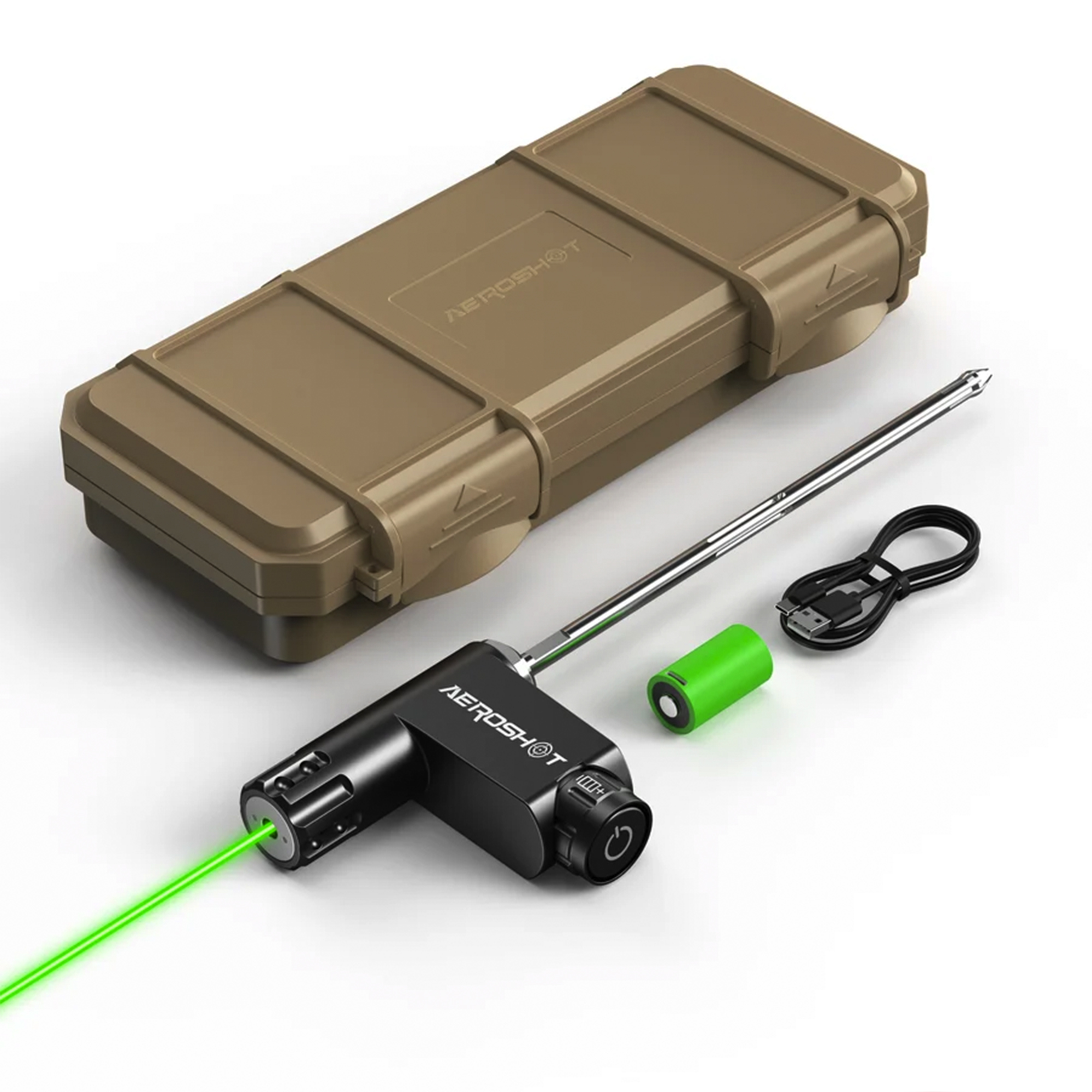 AEROSHOT X04 Green laser bore sight kit with tan hard case, extension rod, battery and USB cable